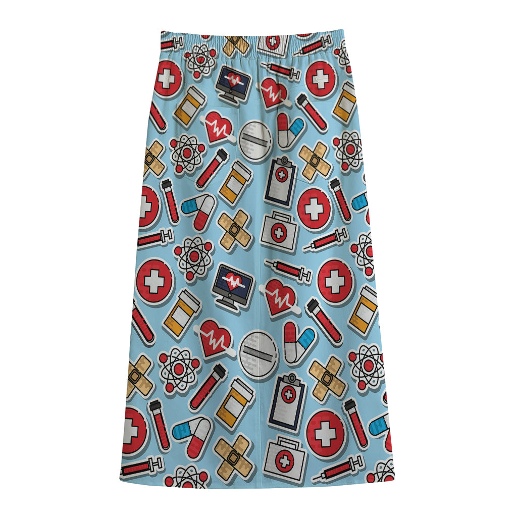 Colorful Medical Pattern Print Cotton Front Slit Maxi Skirt