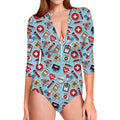 Colorful Medical Pattern Print Long Sleeve Swimsuit