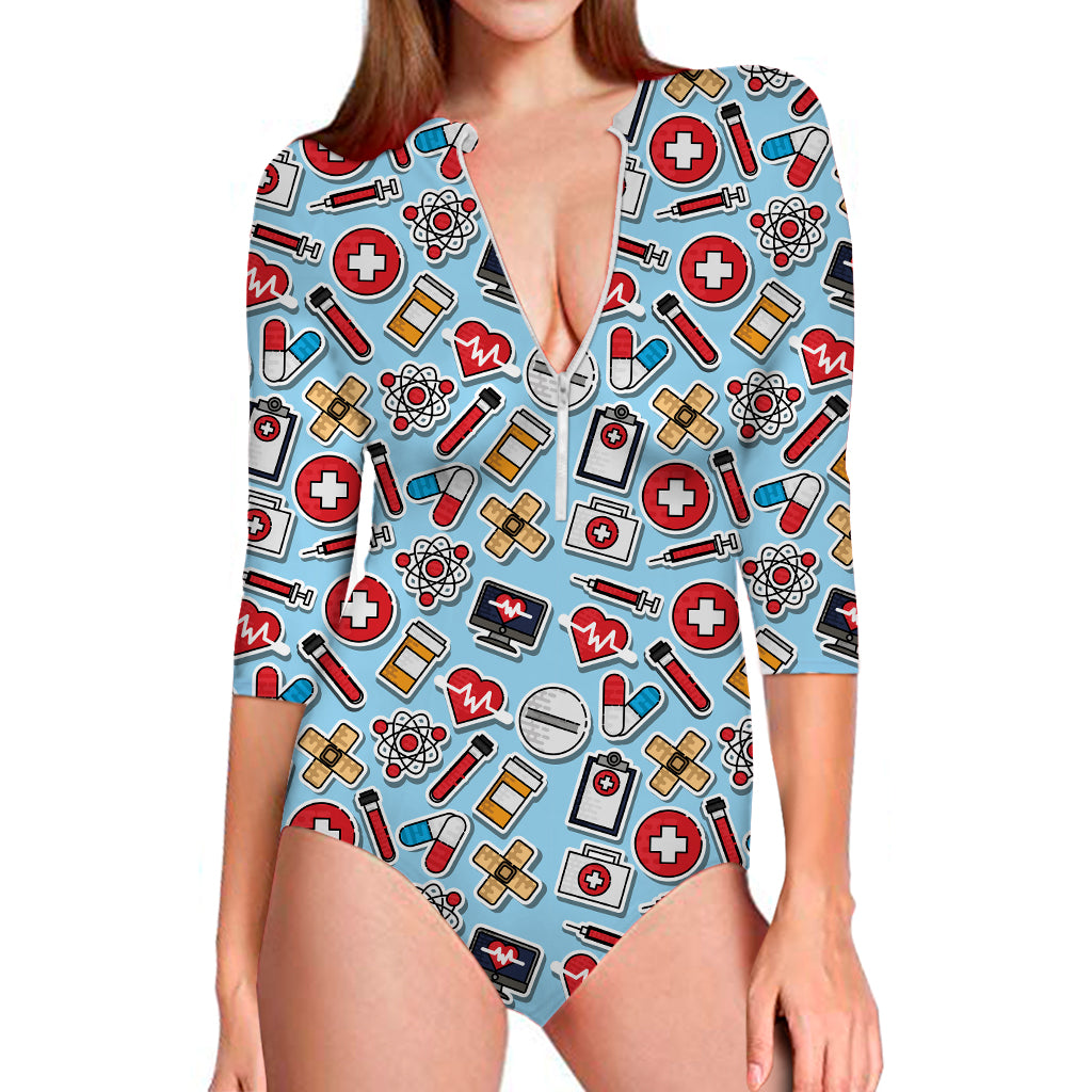 Colorful Medical Pattern Print Long Sleeve Swimsuit