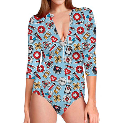 Colorful Medical Pattern Print Long Sleeve Swimsuit