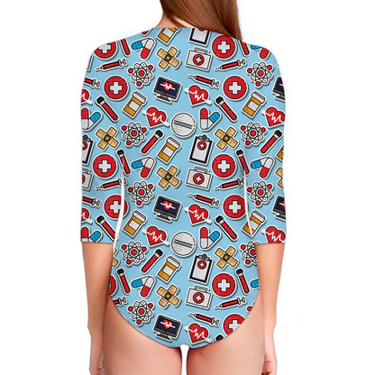 Colorful Medical Pattern Print Long Sleeve Swimsuit