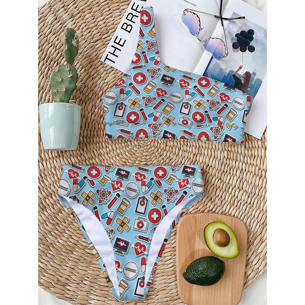 Colorful Medical Pattern Print One Shoulder Bikini Top