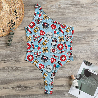 Colorful Medical Pattern Print One Shoulder Bodysuit