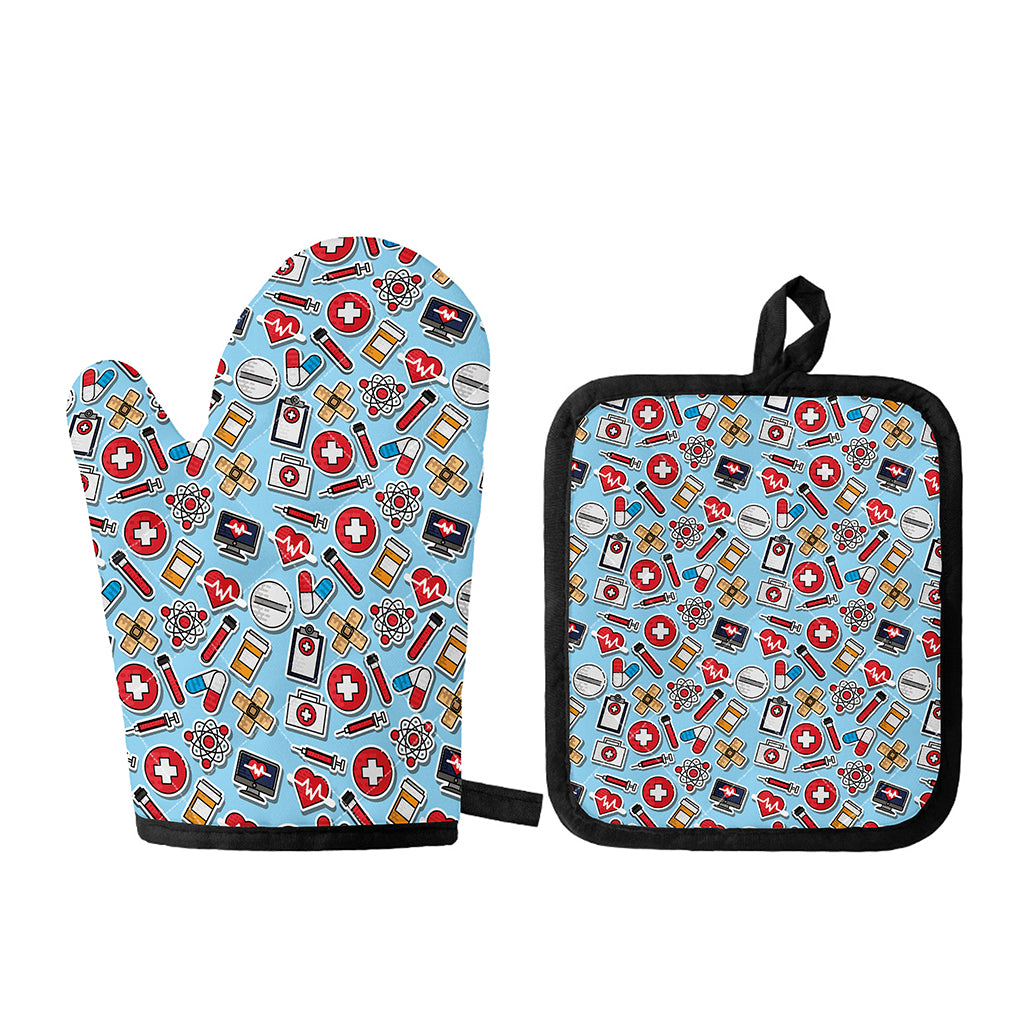 Colorful Medical Pattern Print Oven Mitt And Pot Holder Set