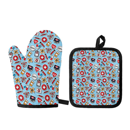 Colorful Medical Pattern Print Oven Mitt And Pot Holder Set