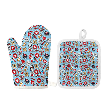 Colorful Medical Pattern Print Oven Mitt And Pot Holder Set