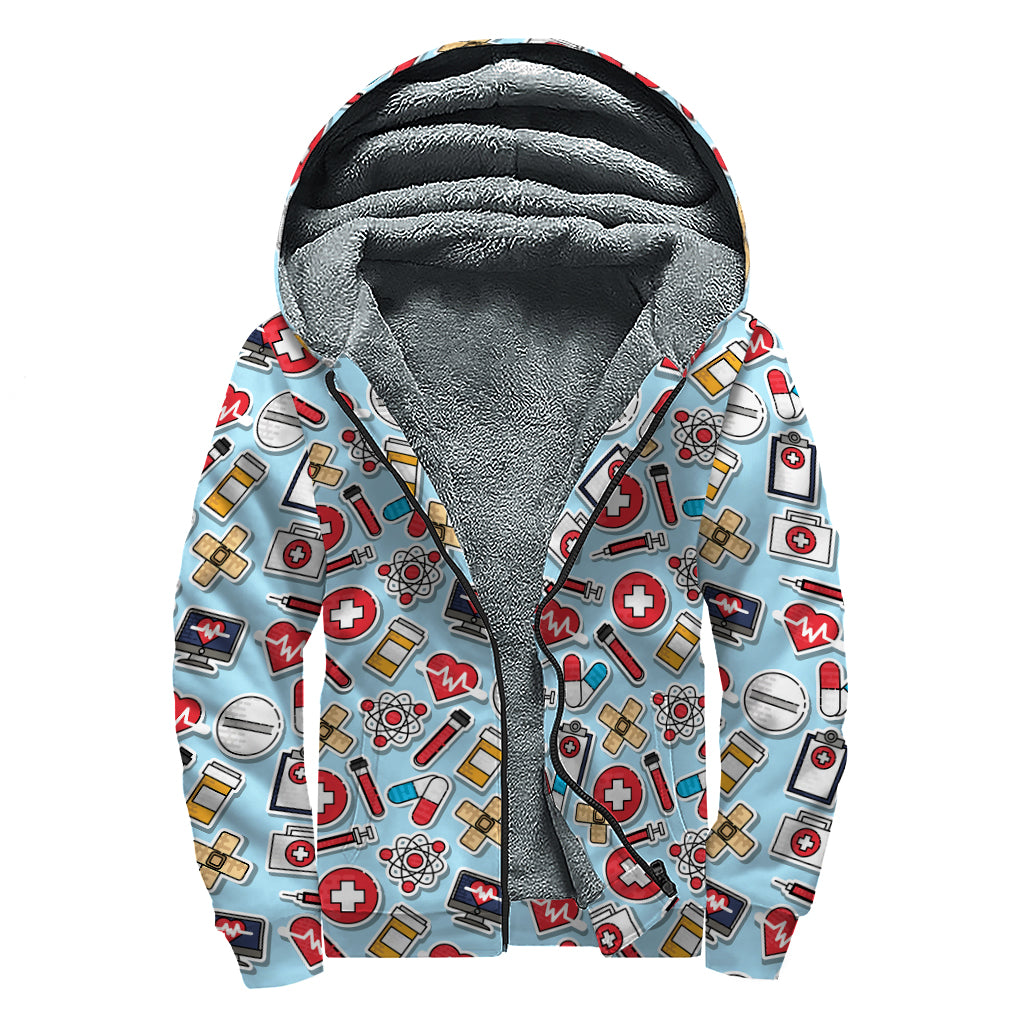 Colorful Medical Pattern Print Sherpa Lined Zip Up Hoodie