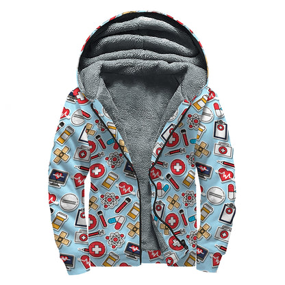 Colorful Medical Pattern Print Sherpa Lined Zip Up Hoodie