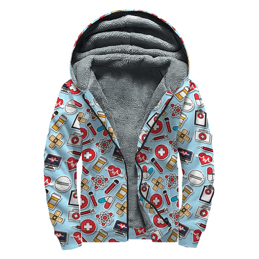 Colorful Medical Pattern Print Sherpa Lined Zip Up Hoodie