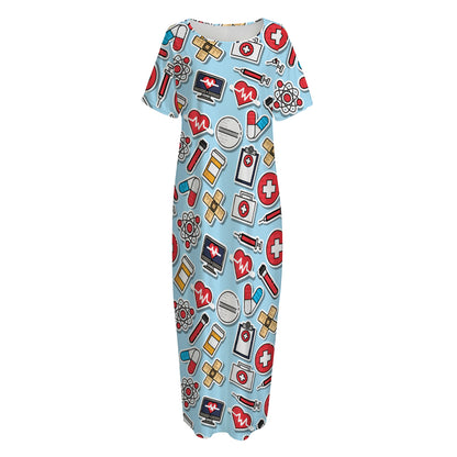 Colorful Medical Pattern Print Short Sleeve Long Nightdress