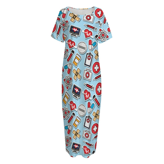 Colorful Medical Pattern Print Short Sleeve Long Nightdress