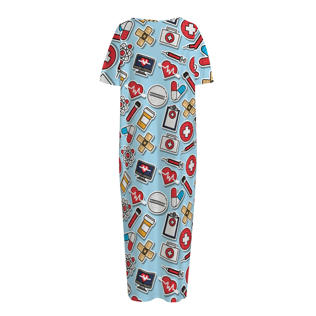 Colorful Medical Pattern Print Short Sleeve Long Nightdress