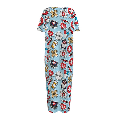 Colorful Medical Pattern Print Short Sleeve Long Nightdress