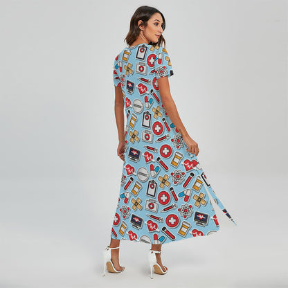 Colorful Medical Pattern Print Short Sleeve Maxi Dress