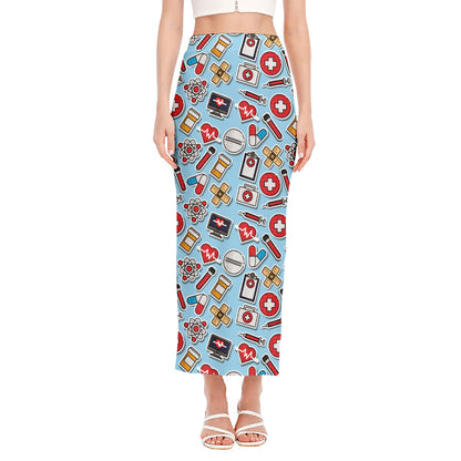 Colorful Medical Pattern Print Side Slit Maxi Skirt