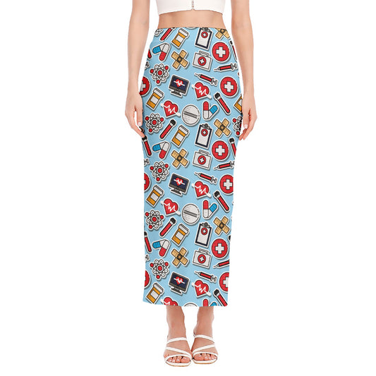 Colorful Medical Pattern Print Side Slit Maxi Skirt