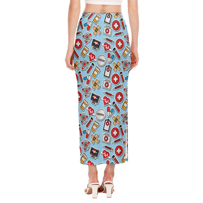 Colorful Medical Pattern Print Side Slit Maxi Skirt