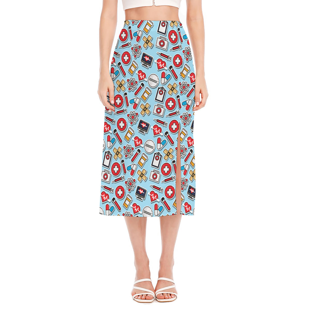 Colorful Medical Pattern Print Side Slit Midi Skirt