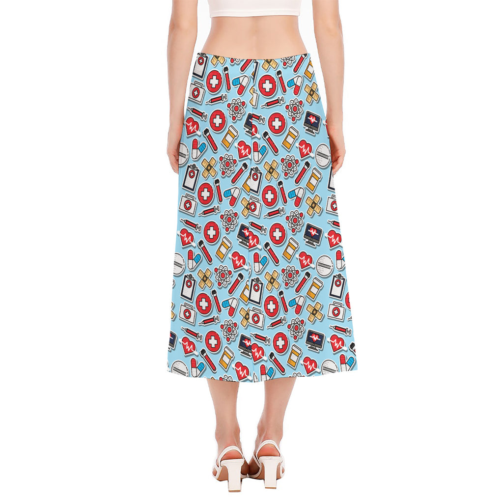 Colorful Medical Pattern Print Side Slit Midi Skirt