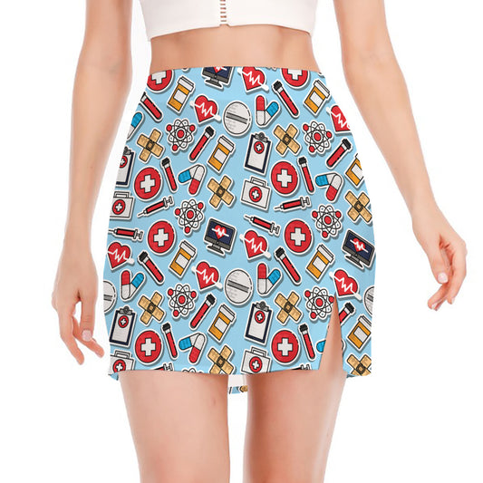 Colorful Medical Pattern Print Side Slit Mini Skirt