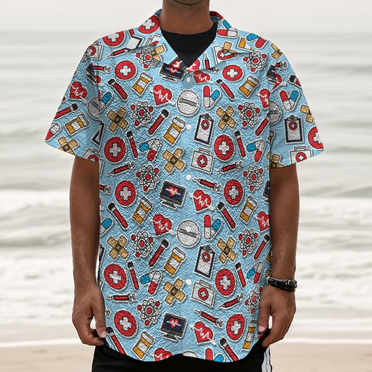 Colorful Medical Pattern Print Textured Short Sleeve Shirt