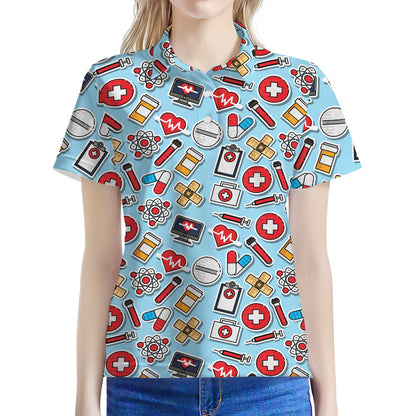 Colorful Medical Pattern Print Women's Polo Shirt