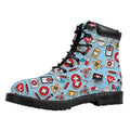 Colorful Medical Pattern Print Padded Collar Lace Up Boots