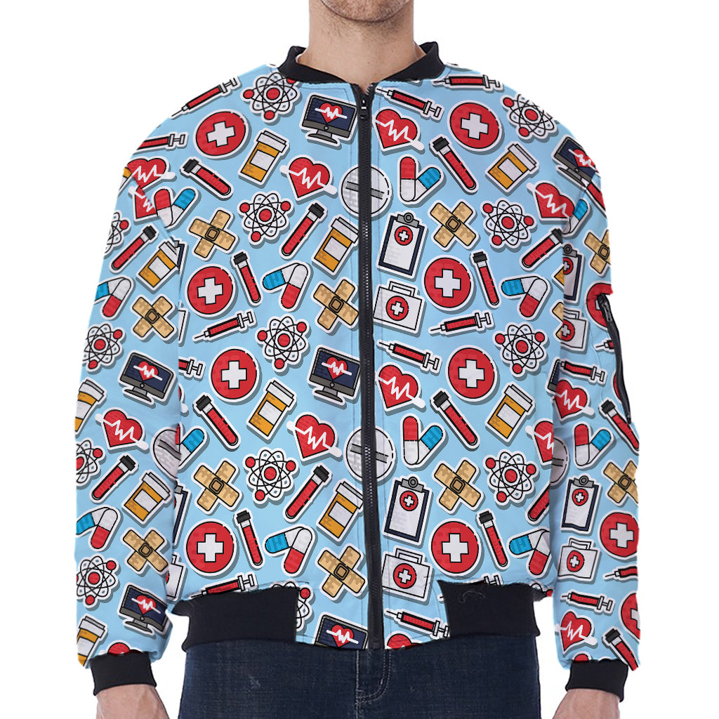 Colorful Medical Pattern Print Zip Sleeve Bomber Jacket
