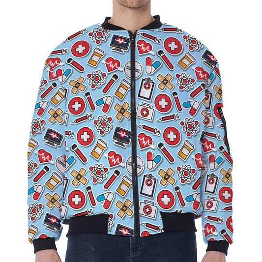 Colorful Medical Pattern Print Zip Sleeve Bomber Jacket