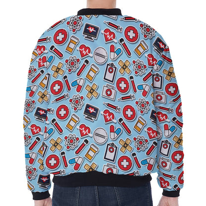 Colorful Medical Pattern Print Zip Sleeve Bomber Jacket