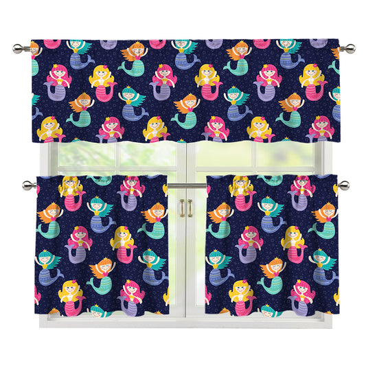 Colorful Mermaid Pattern Print 3 Piece Kitchen Curtains