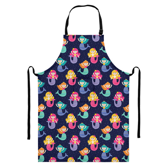 Colorful Mermaid Pattern Print Bib Apron With Pocket