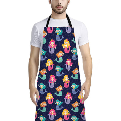 Colorful Mermaid Pattern Print Bib Apron With Pocket