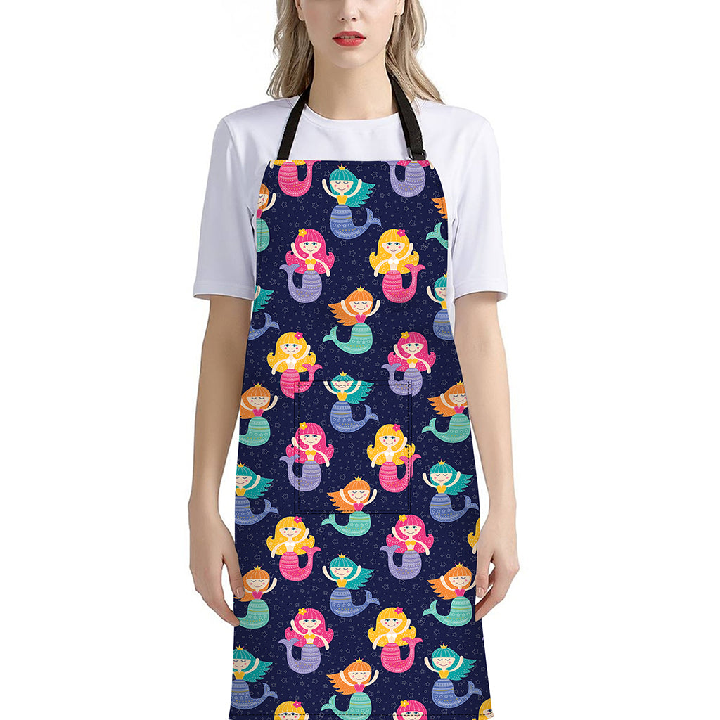 Colorful Mermaid Pattern Print Bib Apron With Pocket
