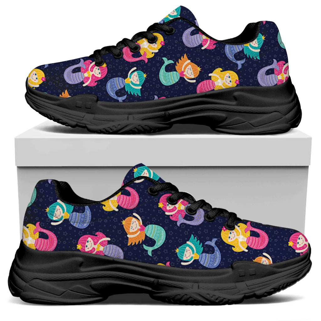 Colorful Mermaid Pattern Print Black Chunky Shoes