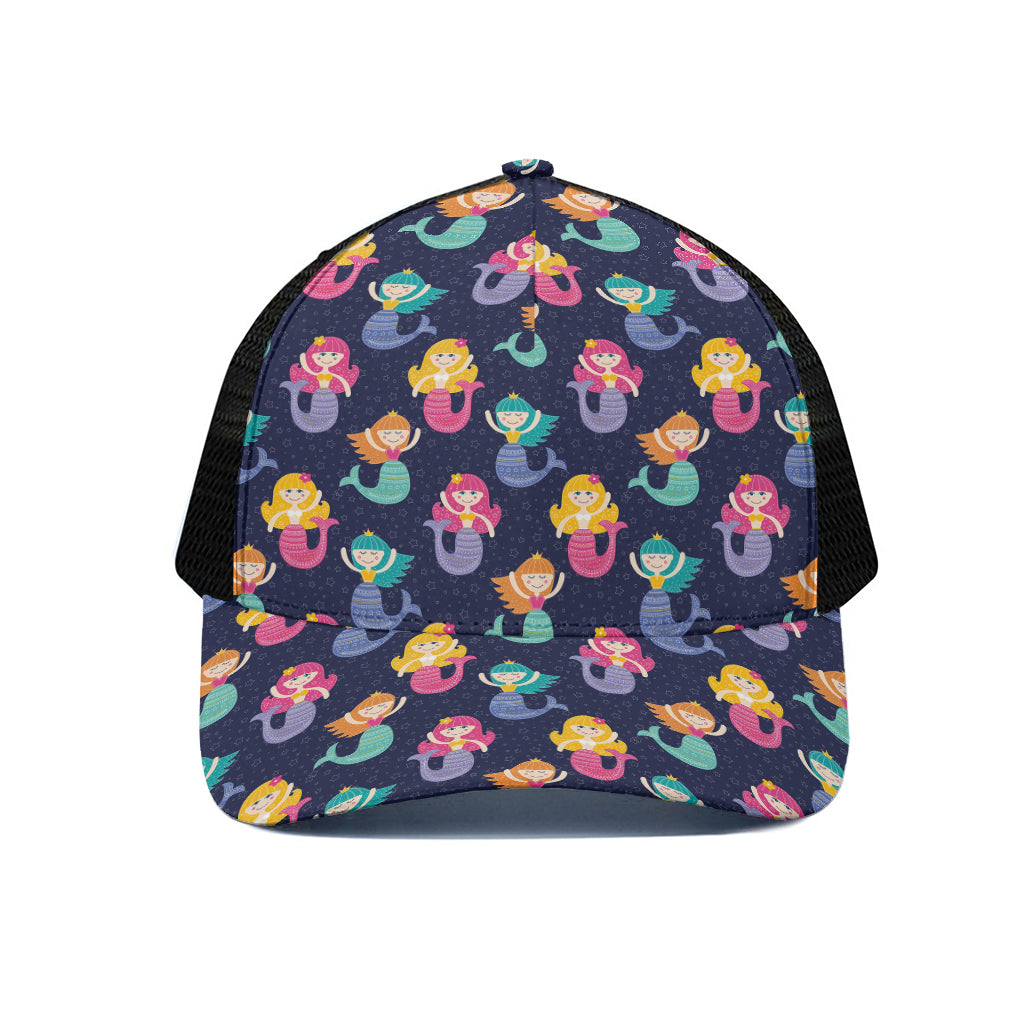 Colorful Mermaid Pattern Print Black Mesh Trucker Cap