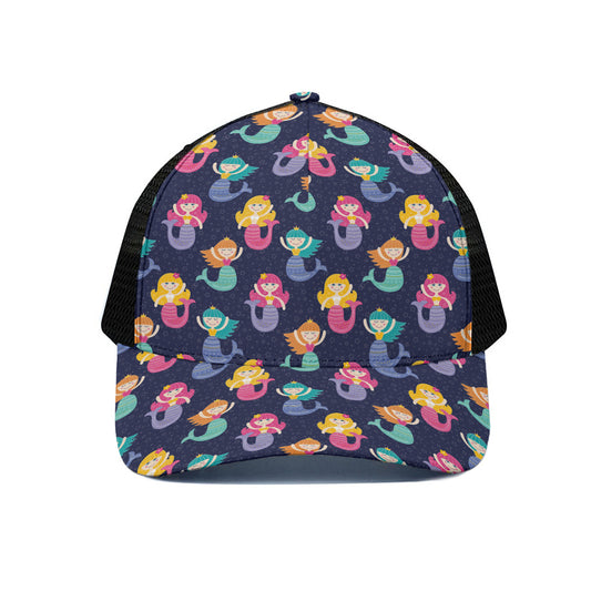 Colorful Mermaid Pattern Print Black Mesh Trucker Cap