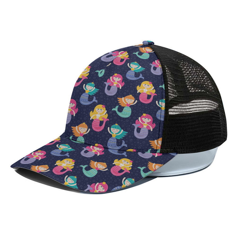 Colorful Mermaid Pattern Print Black Mesh Trucker Cap