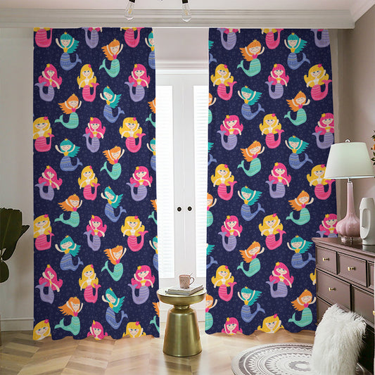 Colorful Mermaid Pattern Print Blackout Pencil Pleat Curtains