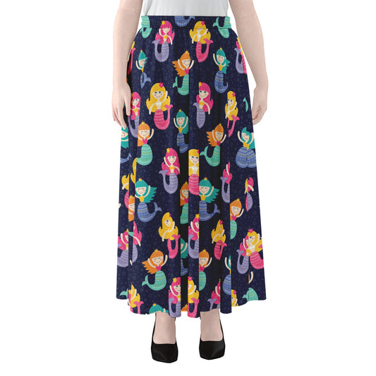 Colorful Mermaid Pattern Print Chiffon Maxi Skirt