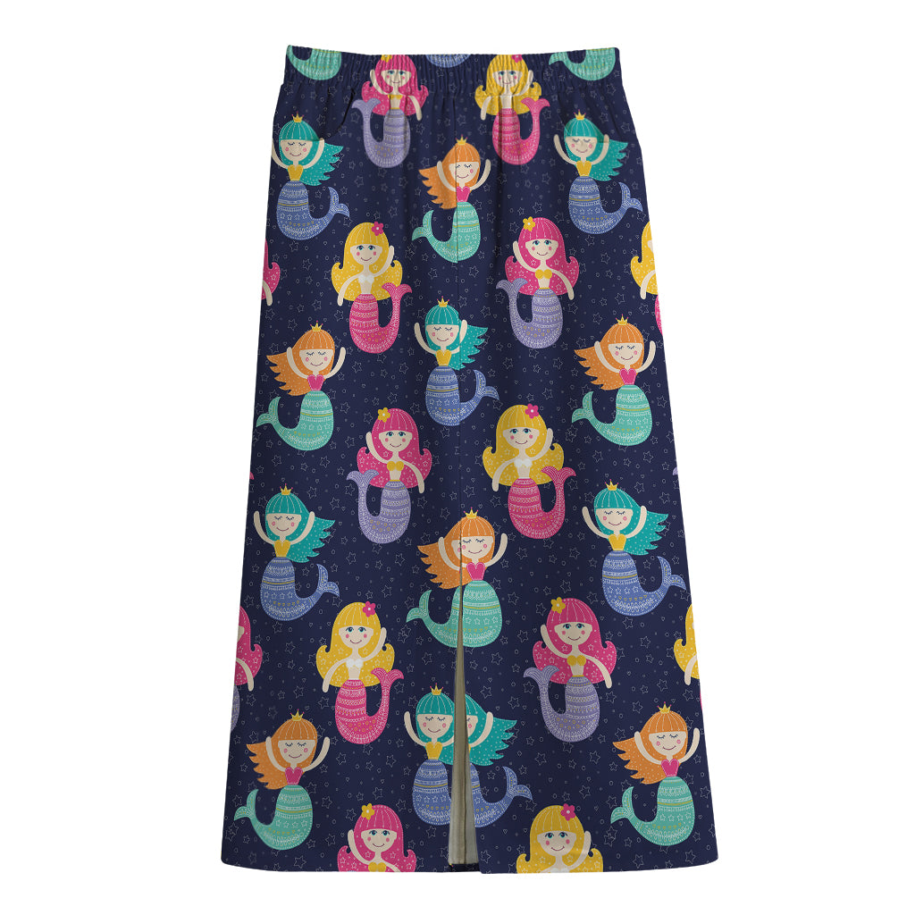 Colorful Mermaid Pattern Print Cotton Front Slit Maxi Skirt
