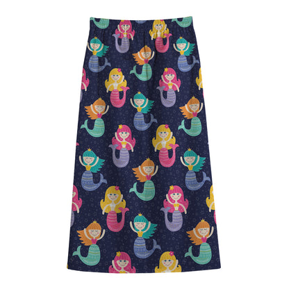 Colorful Mermaid Pattern Print Cotton Front Slit Maxi Skirt