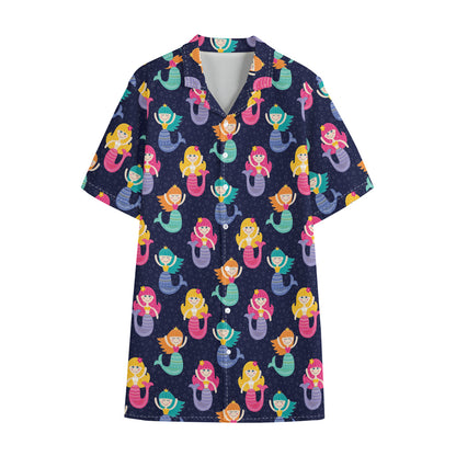 Colorful Mermaid Pattern Print Cotton Hawaiian Shirt