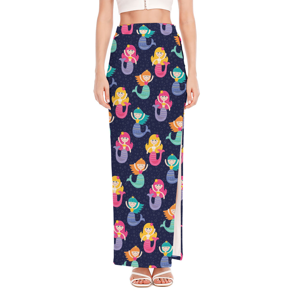 Colorful Mermaid Pattern Print High Slit Maxi Skirt