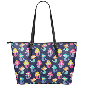 Colorful Mermaid Pattern Print Leather Tote Bag