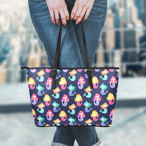 Colorful Mermaid Pattern Print Leather Tote Bag