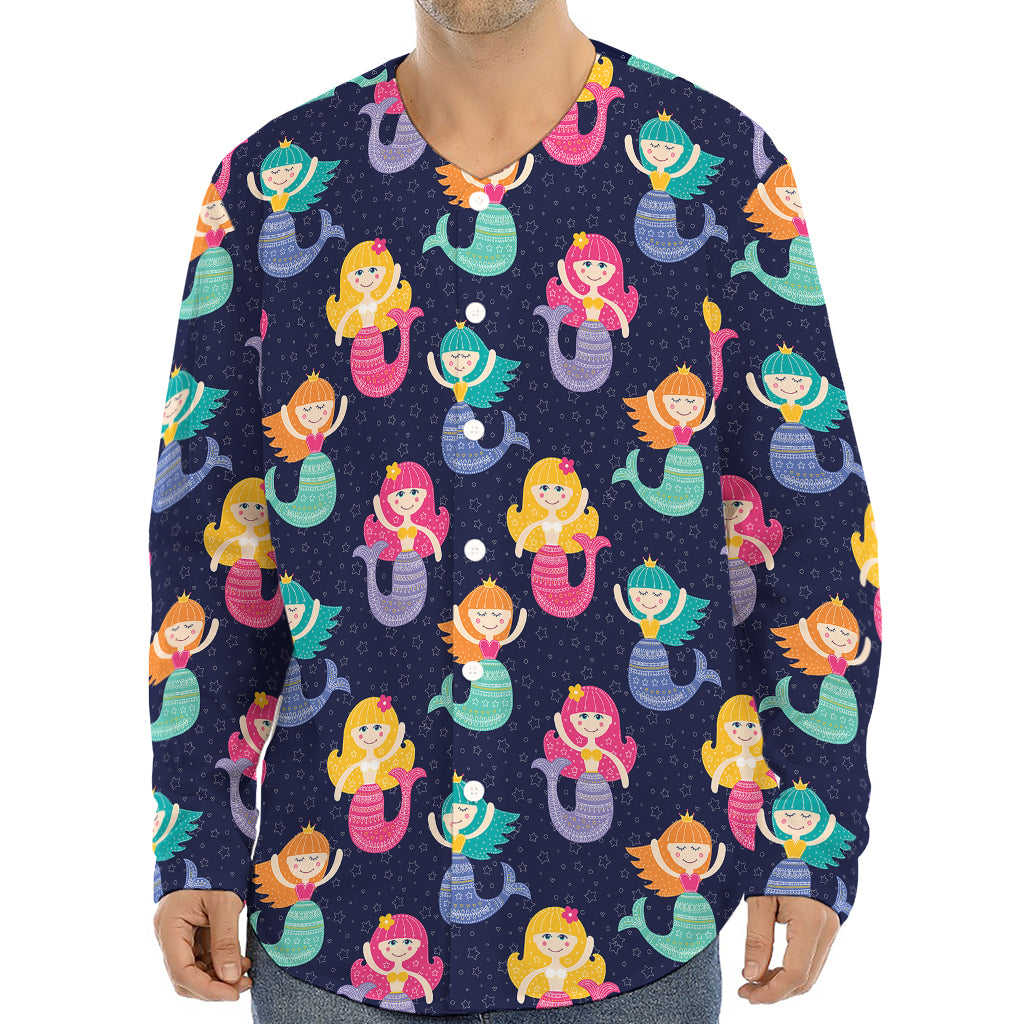 Colorful Mermaid Pattern Print Long Sleeve Baseball Jersey