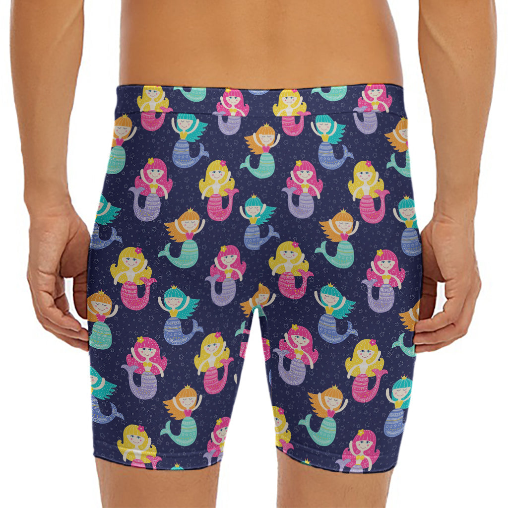 Colorful Mermaid Pattern Print Men's Long Boxer Briefs