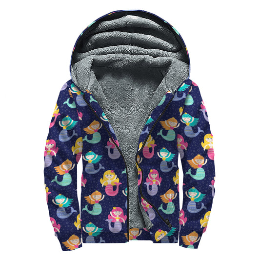 Colorful Mermaid Pattern Print Sherpa Lined Zip Up Hoodie