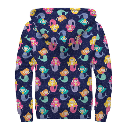 Colorful Mermaid Pattern Print Sherpa Lined Zip Up Hoodie